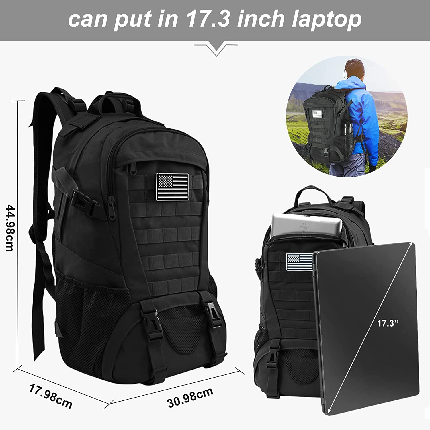 Jueachy Tactical Backpack for Men Hiking Day Pack Molle Military Rucksack Waterproof 30L EDC Bag with USA Flag Patch - Image 6